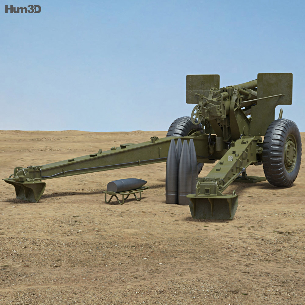 M114 155 mm Howitzer 3D 모델  back view
